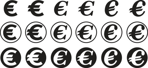 Set of Euro currency signs icons flat designs. European euro currency vectors suitable for Web Page, Mobile App. Finance, European, Money, Symbols, Wealth, Banking isolated on transparent background.