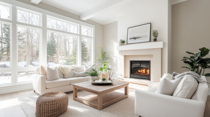 A bright and cozy living room featuring large windows, modern fireplace, and stylish furniture. space is adorned with plants and warm color palette, creating welcoming atmosphere
