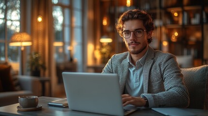A young man working on a laptop in a cozy, well-lit room.