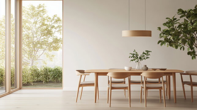 A modern dining room featuring wooden table and chairs, complemented by large window showcasing serene outdoor view. space exudes tranquility and warmth - Powered by Adobe