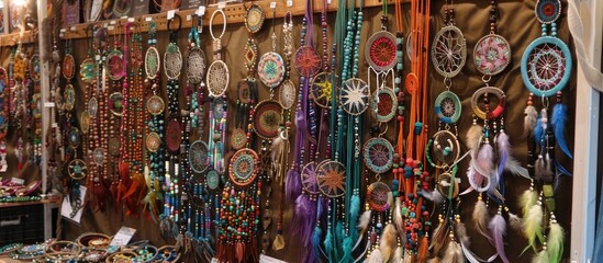 Naklejka premium Handmade Jewelry with Price Tags at the Fair Featuring Dream Catchers
