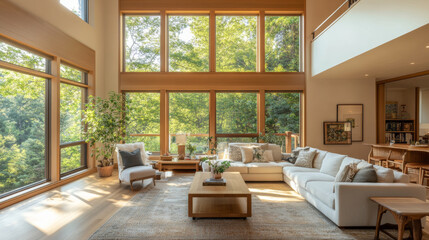 A bright and airy living room featuring large windows that bring in natural light and showcase lush green view. space is elegantly furnished with cozy sofa, wooden coffee table, and decorative plants,