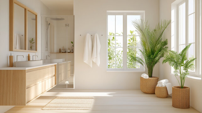 A bright and modern bathroom featuring spacious layout with natural light, wooden accents, and lush greenery. design includes shower, towels, and decorative plants, creating serene atmosphere