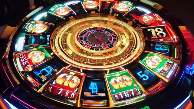 Digital slot machine with rotating reels and bright symbols, featuring a roulette wheel in the center, merging slot and roulette elements for an engaging casino experience. video
