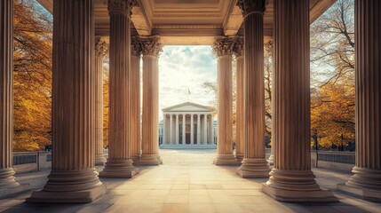Fototapeta premium Classic European courthouse with grand pillars, no people. Open space for copy in the surroundings.