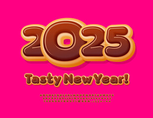 Vector sweet Greeting Card Tasty New Year 2025! Cartoon style Font. Chocolate glazed Alphabet Letters and Numbers set