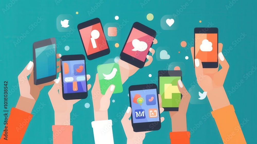 Poster A group of hands showcases several smartphones, each open to different social media applications in a colorful setting. Generative AI