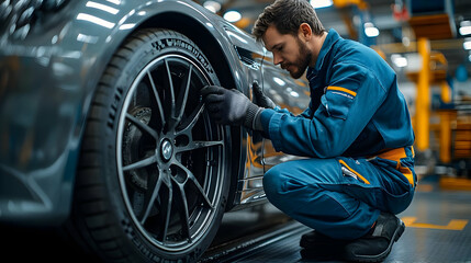 Mechanic working on a car tire in an automotive workshop.
