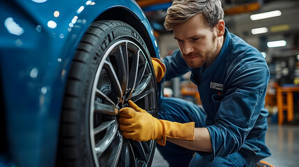 Mechanic working on a car tire in a workshop setting.