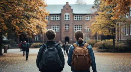 Obraz premium Two College Students Walking Toward University Campus in Autumn Setting, Symbolizing Friendship, Learning, and the Start of Academic Life