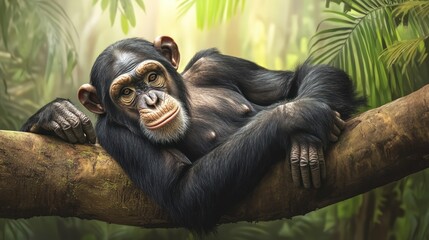 A chimpanzee lounging on a branch in a lush jungle environment.