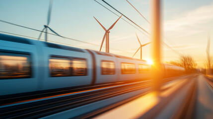 Fototapeta premium A high speed train travels past wind turbines at sunset, showcasing blend of modern transportation and renewable energy. scene captures essence of sustainable travel