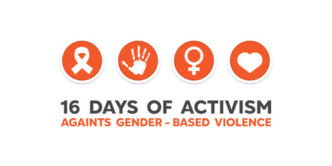 16 Days of Activism against Gender-Based Violence. Ribbon, hand, female icon and heart. Great for cards, banners, posters, social media and more. White background. 