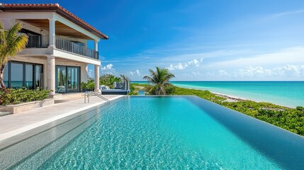 Fototapeta premium Elegant beachside villa with a crystal-clear pool and ocean backdrop, no people. Ample space for text.