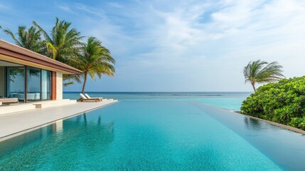 Elegant beachside villa with a crystal-clear pool and ocean backdrop, no people. Ample space for text.