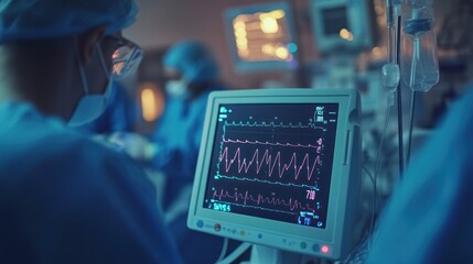 A close-up of an ECG monitor in a hospital operating room showing the fluctuating heart rate of a patient under anesthesia surrounded by advanced surgical equipment