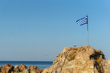 Gabbiani su una scogliera di Rodi, con la bandiera delle Grecia che sventola