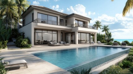 Fototapeta premium Elegant villa with a stunning pool and beachfront access, no people. Plenty of space for copy available.