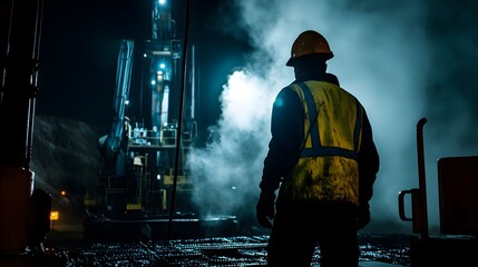 A man in a hard hat stands on a ledge looking out over a city. The scene is lit up by the city lights, creating a mood of excitement and energy. The man's posture suggests that he is focused
