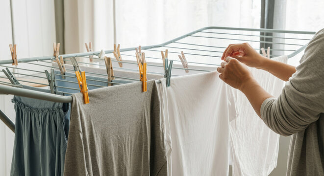Person hanging clothes to dry indoors on drying rack