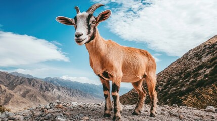 Fototapeta premium A goat stands on rocky terrain with mountains in the background under a blue sky.