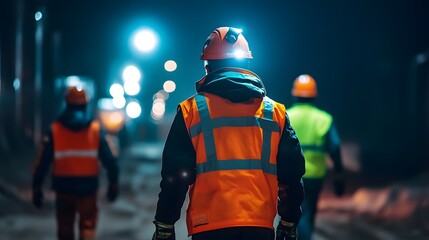 A man in a hard hat stands on a ledge looking out over a city. The scene is lit up by the city lights, creating a mood of excitement and energy. The man's posture suggests that he is focused