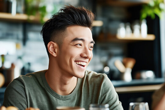 A young man with a stylish haircut is smiling and looking content in a cozy indoor setting, possibly a cafe or kitchen, with a blurred background.
