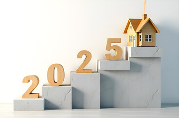 Wooden numbers 2025 on the stairs and a private new house on a light background with copy space. Direction of development of the real estate market and private sector in 2025, purchase of a new home