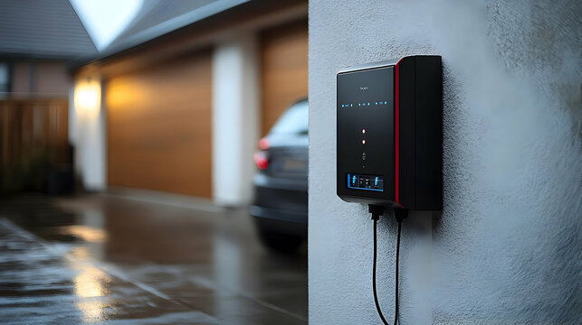 Modern electric vehicle charger mounted on a wall near a garage.
