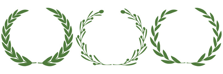 Set of green silhouette laurel foliate, olive wreaths. Vector illustration for your frame, border, ornament design, wreaths depicting an award, achievement, heraldry, emblem, logo.