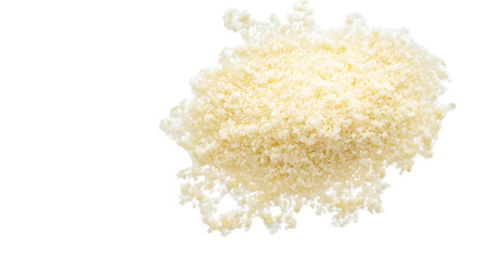 Parmesan cheese grated isolated on white, top view