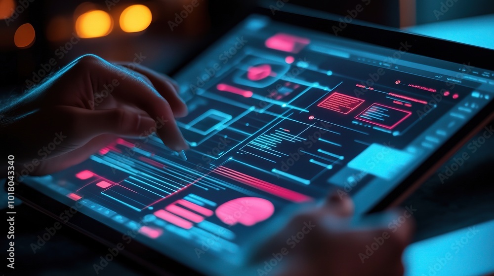 Poster futuristic interface on tablet displaying digital data