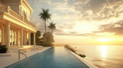 Fototapeta premium Luxurious beachside villa with an elegant pool and sea view, no people. Ample room for text in the sky