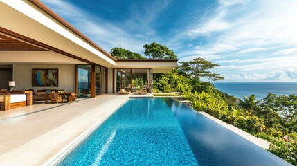 Fototapeta premium Luxurious tropical villa with a serene pool and stunning ocean backdrop, no people. Space for copy above