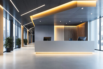 Modern office reception area with sleek design, featuring a long white desk, computer monitors, indoor plants, large windows, and stylish ceiling lighting.