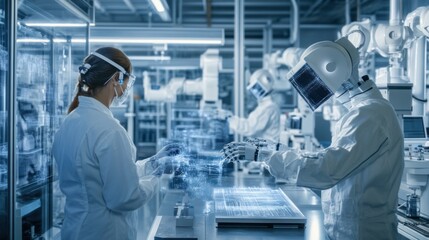 Naklejka premium In a high-tech industrial lab scientists are meticulously working with robotic arms and AI-driven systems developing next-generation materials and innovative technologies
