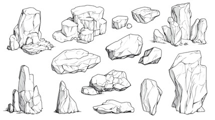 Hand drawn rocks. Gravel stones and boulders sketch. Architectural outline Drawings Pebble piles. Heavy cobblestones and granite rubble. Vector black and white doodle nature elements set