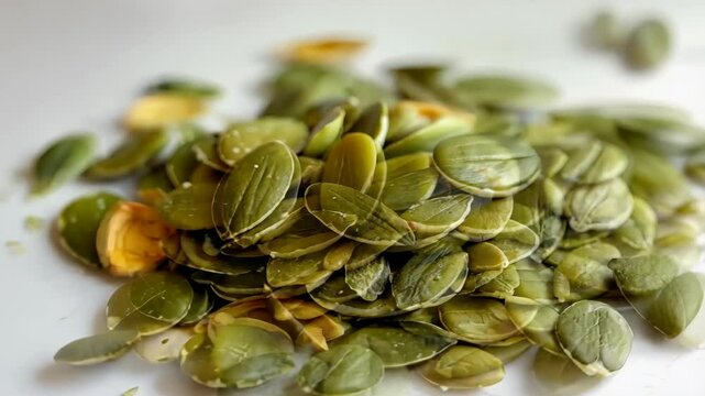 A close-up view of shelled pumpkin seeds on a white surface
