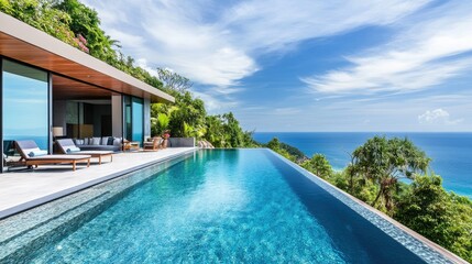 Fototapeta premium Luxurious tropical villa with a serene pool and stunning ocean backdrop, no people. Space for copy above