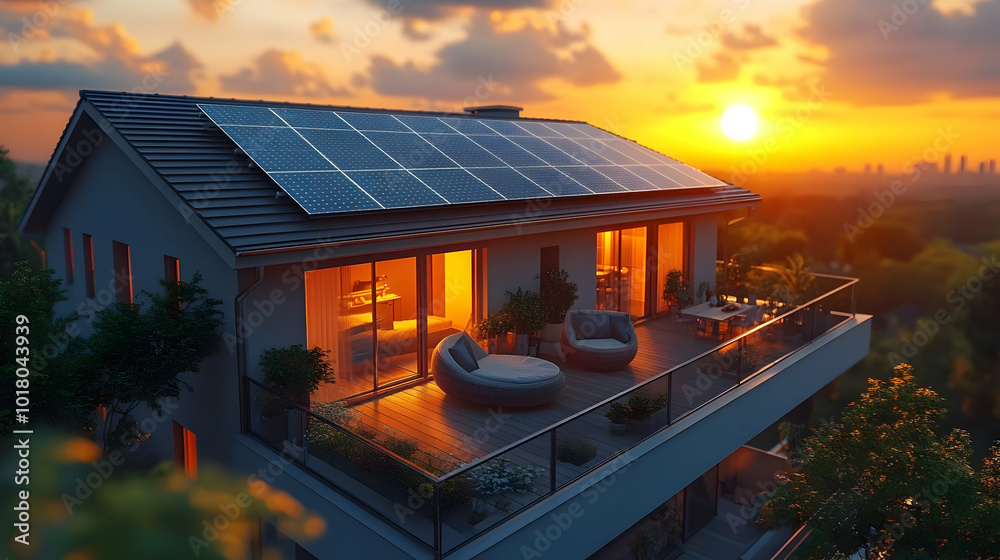 Wall mural Modern home with solar panels at sunset, showcasing sustainable living.