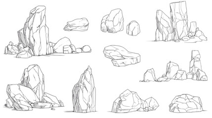 Hand drawn rocks. Gravel stones and boulders sketch. Architectural outline Drawings Pebble piles. Heavy cobblestones and granite rubble. Vector black and white doodle nature elements set © The Illustraitor