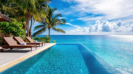 Luxury beach villa with an infinity pool overlooking the ocean, no people. Ample copy space on the deck