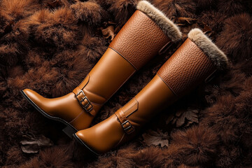 A pair of brown leather boots with fur trim and buckle details laying on a brown furry surface with dried leaves.