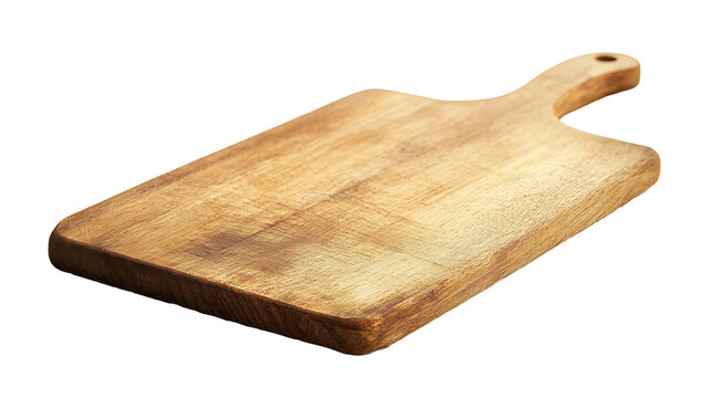 A rustic wooden cutting board on a table, perfect for cooking and food preparation, isolated on a transparent background