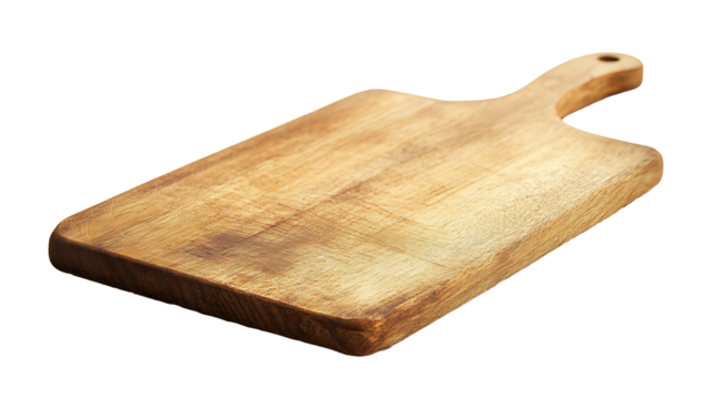 A rustic wooden cutting board on a table, perfect for cooking and food preparation, isolated on a transparent background