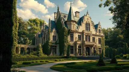 Obraz premium Magnificent European chateau with lush greenery, no people. Plenty of room for copy in the garden.