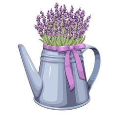Lavender cartoon bouquet in watering can with purple ribbon bow. Cute metal retro garden tool with spring flowers. Springtime beauty mascot, cartoon lavender plants in pot vector illustration