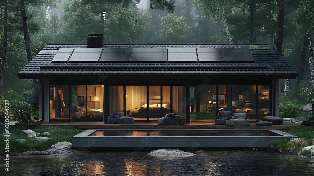 Sticker Modern house with solar panels by a serene lake in a forest.