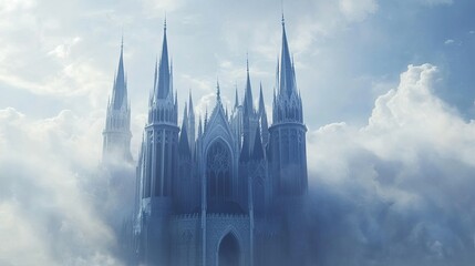 Obraz premium Majestic European castle with towering spires, no people. Open room for text in the sky.