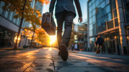 Fototapeta premium An image of a businessman walking in the city with a bag shows the skills needed for running a business including management, negotiation, marketing, and communication.